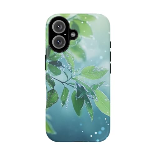 Coque iPhone 16 feuilles vertes rosées mate résistante avec bokeh clair