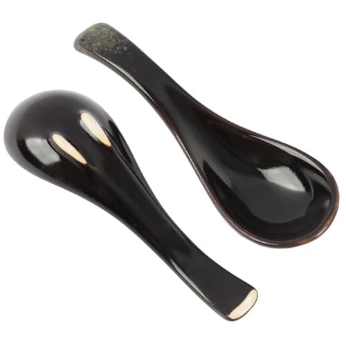 2 PCS Stile Giapponese Ceramica Blu Zuppa Retro Ramen Scodella Manico Corto Minestra Cucchiaio, da Zuppa per Ramen, Minestra e Dessert, Cucchiai in Porcellana Creativi per Uso Quotidiano (Verde)