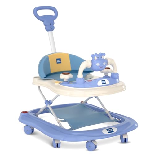Mee Mee 360° Baby Activity Walker | 3 Level Adjustable Height, Foot Mat, Musical Detachable Toy Bar | Parental Push Handle, Anti-Rollover Folding Walker for Boys, Girls, Kids | 6-18 Months 15kg (Blue)
