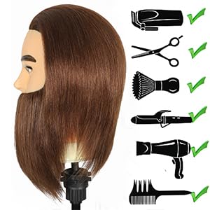Cabeza de maniquí masculino con barba, 100% cabello humano real, corte de pelo, cabeza de entrenamiento para cosmetología, cabello liso y grueso, cabeza de maniquí con soporte, práctica de corte y 5