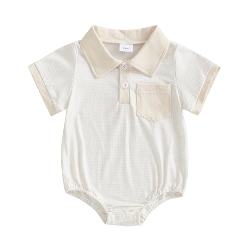 Image of Demdzq Newborn Baby Boy Summer Clothes Short Sleeve Lapel Button Romper Up Loose Fit Plaid Jumpsuit Infant Baby Boy Outfit (Cute Beige, 6-12 Months)