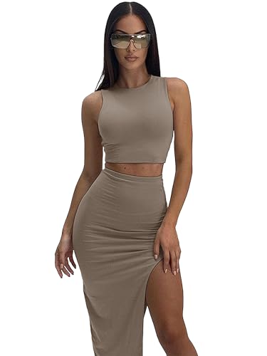 Image of ELLEVEN Sexy 2 Piece Maxi Skirt Sets for Women, Going Out Outfits | High Stretch, Lightweight, Slim Fit, Sleeveless Knit Crop Tank Top, High Slit Skirt Dress Set, Summer Date Night Outfits