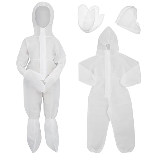 TENDYCOCO Kids One-Piece Disposable Protective Clothing with Hood Zipper Gloves Shoe Covers Breathable Nonwoven Coverall for Indoor Outdoor Safety