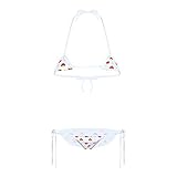 FEESHOW Damen Micro Bikini Set Bademode Sexy Mini Sling Shot Oberteil und String mit Erdbeeren Muster Dessous für Motto Party Strand Weiß_E One Size