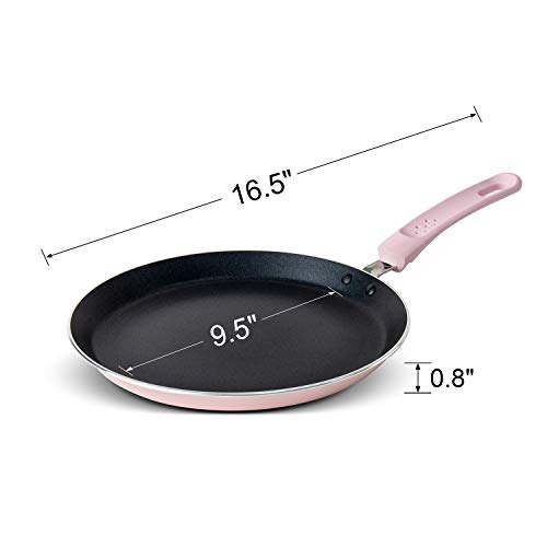 Crepe Pan, ROCKURWOK Nonstick Pancake Pan with Silicone Handle Frying Skillet Griddle for Omelette, Tortillas, Dosa, 9.5-Inch, Pink