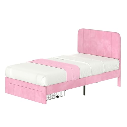 Image of VECELO Twin Size Upholstered Bed Frame with Drawer and Headboard, Velvet Platform Storage Bedframe, Wooden Slats Support, No Box Spring Needed,Pink