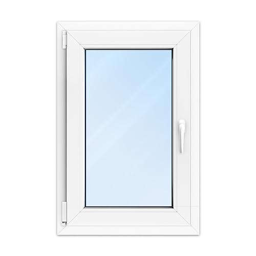 FENSTERVERSAND - Kunststofffenster Weiß - zu öffnendes Fenster 60x80 Kunststoff mit Griff, Dreh- & Kippfenster, 2-fach Verglasung, Klarglas - DIN links - BxH: 600x800 mm, 70 mm Profil