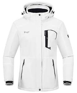Rdruko Skijacke Damen Warme Winterjacke Gefüttert Verdickt Softshelljacke Wasserdicht Snowboardjacke Atmungsaktiv mit Abtrennbarer Kapuze - Weiß, M