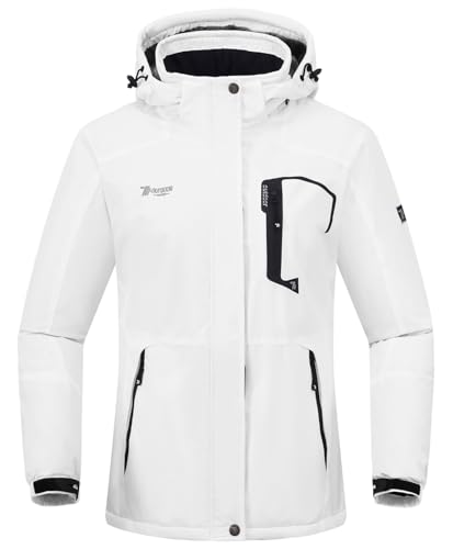 Rdruko Skijacke Damen Warme Winterjacke Gefüttert Verdickt Softshelljacke Wasserdicht Snowboardjacke Atmungsaktiv mit Abtrennbarer Kapuze - Weiß, S