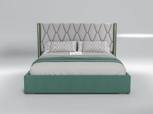 Image of Acacia Modern Upholstered King Size Bed with Hydraulic Storage for Bedroom | Wooden Furniture Double Beds for Home & Hotels, Platform Cot with Upholstery Fabric, 6.5 x 6 Ft, Sheesham Wood, White-Green