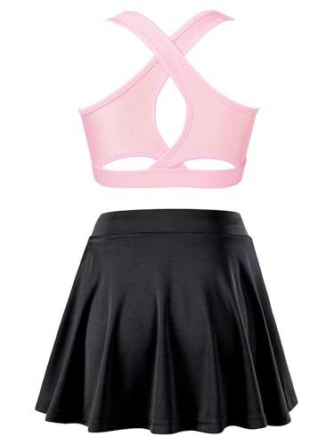 Kids Girls Plain Crop Top & Skater Skirt Set Tennis Golf Outfit 2 Piece Sport Training Tacksuit Set Activewear Pink&Black 4 Years2