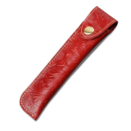 Kaizuca Stylo Doux Housse, Étui Stylo Cuir, Artisanat de Sculpture, avec Bouton Métal, Cuir Véritable Fait Main, Portatif, pour Stylo Plume, Stylo à Bille, Stylus (Rouge)