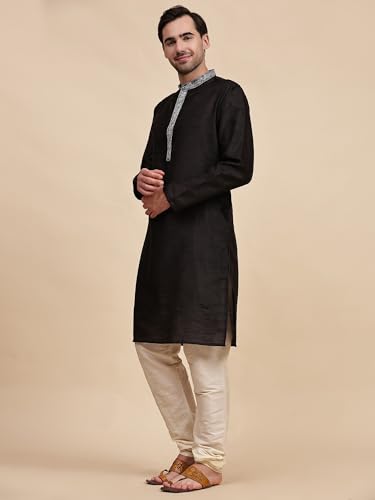 Image of Men's Art Silk Kurta Pajama Set with Embroidered Collar | Traditional Indian Ethnic Wear Long Sleeve Straight Kurta with Churidar Pajama