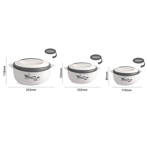 Image of CELLO Sapphire Insulated Casserole Hot Pot Case Set of 3 Pcs (500ml, 1000ml, 1500ml) White | Double Wall Insulated Hot Pot Case Keeps Food Fresh & Hot for Long Hours | Casserole Set for Roti & Rice