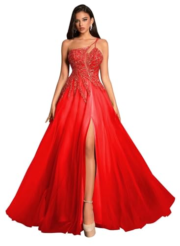 Image of MYDRESS Beading Tulle Prom Dresses 2026 with Pockets Spaghetti Strap Formal Evening Dresses with Slit