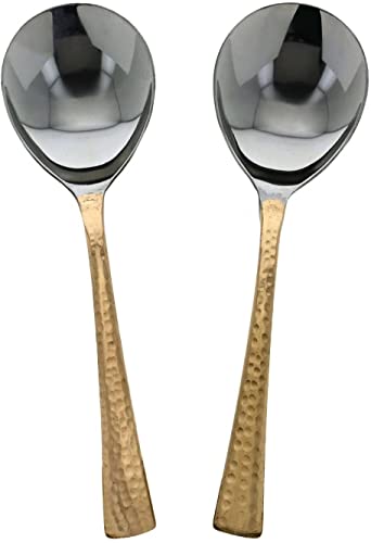 VAKRATUNDA KITCHENWARES Copper Serving Spoon with Hammer Handle, Table Spoon for Kitchen, Dinnerware, Serve ware, Non-Slip Heat Resistant Copper Cooking Tools for Modern Kitchen, Set of 2, 8