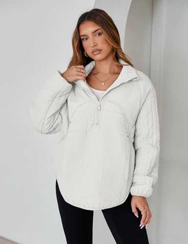Daacee Women's Oversized Lightweight Quilted Pullover Jacket in White - Half Zip, Cozy & Chic, Sizes XS-2XL - Image 2