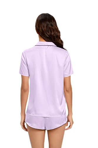 Image of Silk Pajamas for Women Satin Womens PJ Set 2 Piece Short Lounge Set Summer Sleepwear Notch Collar Button-Down Pjs