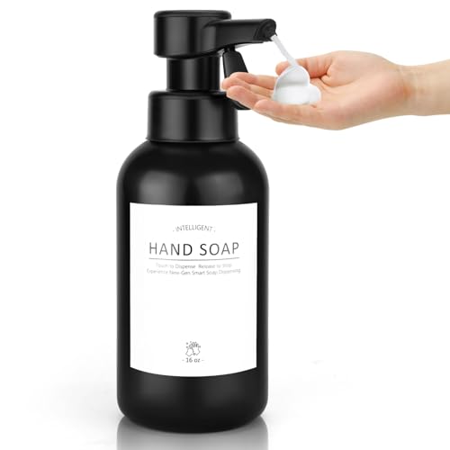 Automatic Soap Dispenser Foam for Bathroom: 16 OZ Touch Dispense Plastic Black Modern Large Foaming Soap Dispenser for Kitchen - Hand Dish Lotion Countertop Couple Kids Home - Waterproof Labels