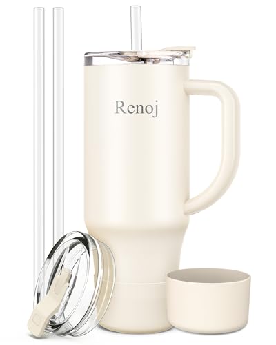 Renoj Tumbler with Handle 100% Leak Proof Insulated Water Bottle for Iced Coffee & Hot Drinks - Fits Car Cup Holder, Ideal Gift, 2 Straws & Silicone Boot BPA-Free - SnapShift White 32 oz