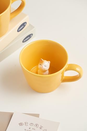 Image of DIHOclub Cat Coffee Cup Hidden Ceramic Animal Inside Mug,Cute Cartoon Handmade Figurine Mugs,Holiday and Birthday Gift for Coffee Milk Tea Lovers,12 Oz(yellow)