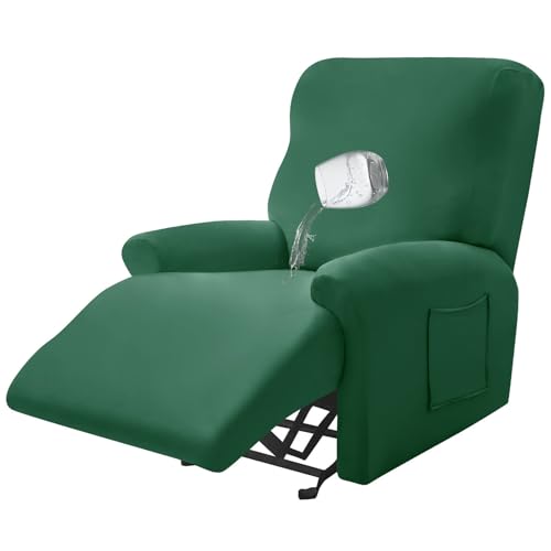 ZRCYXDW 防水 リクライニングソファーカバー 4ピース, ストレッチ リクライニングカバー と サイドポケット付き 柔らかい ソファーカバー 滑り止め 洗える 家具プロテクター-緑-1 人掛け