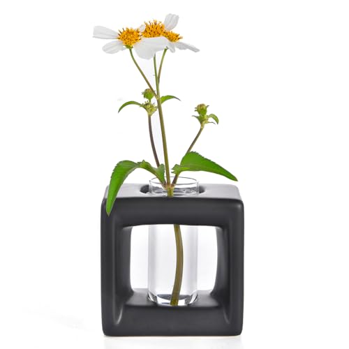 ORGJ Matte-Black Propagator Plant Vase - 2-in-1 Modular Propagation Tubes & Aroma Diffuser with Test Tube Rack System, Industrial Water Propagation Station for Herb Cuttings, Geometric Ceramic Decor