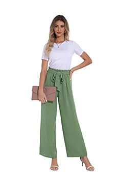PrinStory Women's Wide Leg Trousers Lightweight Elasticated Waist Trouser Adjustable Tie Knot