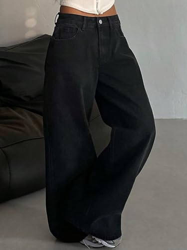Image of Shasmi Women's Black Wide Leg Baggy Jeans | Loose Fit Denim Pants for Women | High Rise Streetwear | Casual Oversized Wide Leg Denim | Korean Style Baggy Trousers with Pockets (Jeans 296)