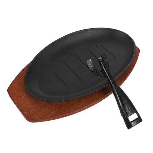 DOITOOL Cast Iron Fajita Skillet with Tray and Fork Seasoned Japanese Steak Plate Grill Pan for Oven Stovetop and Outdoor Use Easy-Clean Striped Grill Plate for Sizzling Steak and Fajita