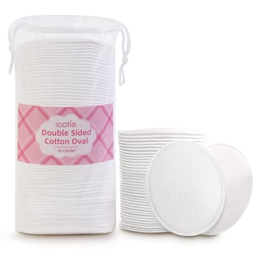 ICOTLE Large Oval Cotton Pads, 70 Count, 3-Layer, Dual Textured Design, Lint-Free, Ultra-Soft Cotton Oval for All Skin Types Cotton Pads for Makeup Removal, Cleansing, Skin Care etc.