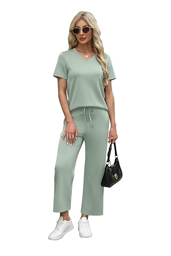 Image of WIHOLL 2 Piece Sets for Women Summer Lounge Set Wide Leg Pants Matching Set Vacation Travel Outfits Beach Clothing