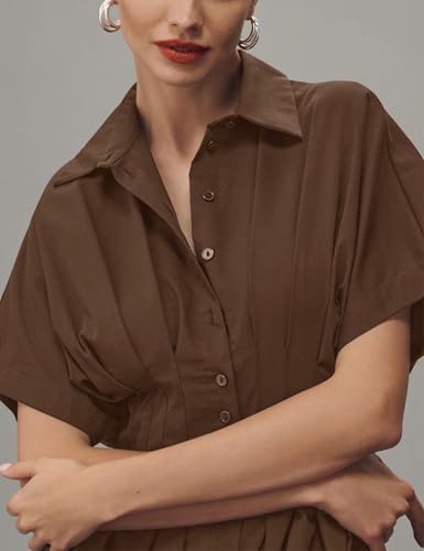 Image of Yeokou Shirt Dress for Women Summer Casual Short Sleeve Button Down Loose Pleated Maxi Sundress with Pockets