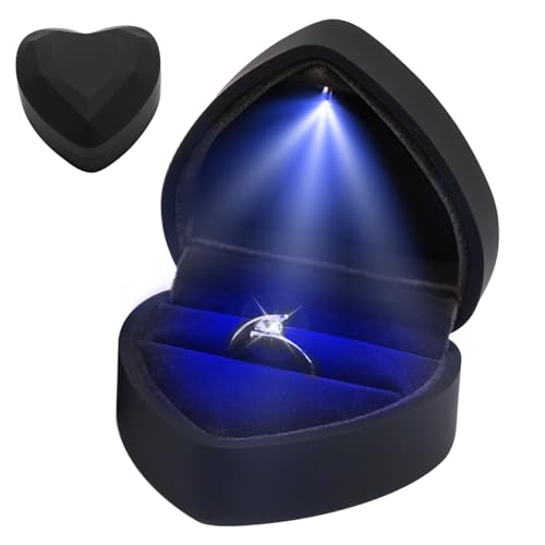 PRETTI Ring Box with Light Heart Shaped Velvet Ring Box with LED Light Perfect Engagement Ring Box for Proposal Wedding Illuminated Jewelry Case Ring Storage Box for Display Gift Gifting (Black) PRETTI Ring Box with Light Heart Shaped Velvet Ring Box with LED Light Perfect Engagement Ring Box for Proposal Wedding Illuminated Jewelry Case Ring Storage Box for Display Gift Gifting (Black)