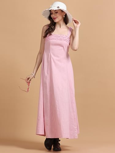 Image of Glam & Chique Women's 100% Cotton Textured Self Design Smocked Maxi Dress-XS-2XL