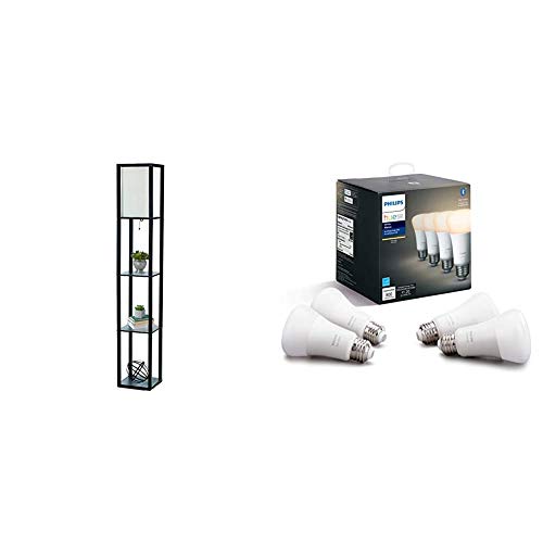 Simple Designs Home LF1014-BLK Etagere Organizer Storage Shelf Linen Shade Floor Lamp, Black & Philips Hue White 4-Pack A19 LED Smart Bulb, Bluetooth & Zigbee Compatible (Hue Hub Optional)