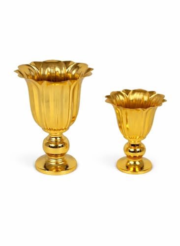 Image of Gold Metal Flower Vase for Table Decor Set of 2 | Tulip Fluted Urn Design | Electroplated Alloy Decorative Vase for Living Room, Home Decor (Champagne Gold Finish)