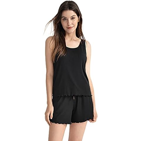 Femofit Womens Pajamas Set Sleeveless Sleepwear Modal Soft Lounge Cami Sleep Pj Casual Shirt and Bottom Outfits Nightwear (Black,L) Cover