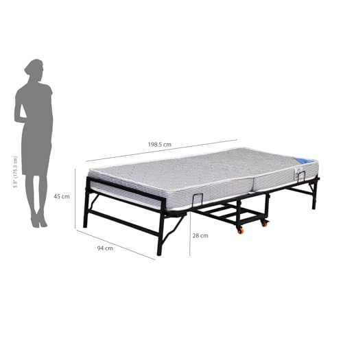 Image of Nilkamal Zoe Metal Folding Bed with 6 Inch Single Size Mattress | Space Saving Portable Rollaway Bed with Lockable Wheels| Ideal for Homes, Guest Rooms, Hostels and Dorms | Black