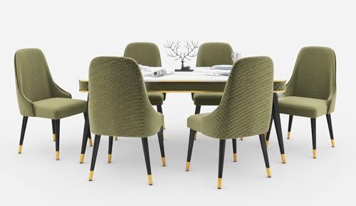 Image of WOODEN SPACE 6-Seater Wooden Dining Table Set | Nano Composite Marble Top | Solid Wood Base | Modern Dining Room Furniture with 6 Chairs (Light Green Vento)