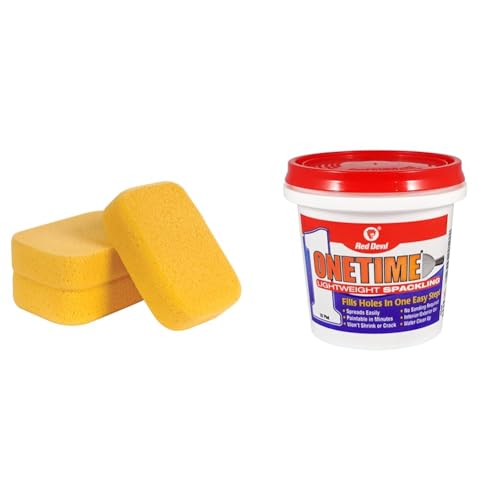 EP 7-1/2" x 5-1/2" Extra Large Grouting, Cleaning and Washing Sponge 3 Count Bundle with Red Devil 0542 ONETIME Lightweight Spackling, 1/2 Pint, White, 8 Ounce