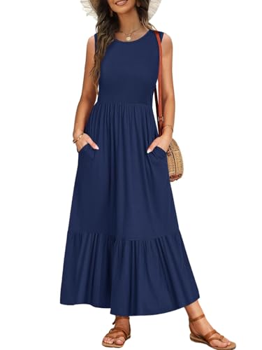 VEUNCOS Sommerkleid Damen Elegant Maxikleid Sommer Ärmellos Rundhalsausschnitt Tank Top Kleid Lang Freizeitkleid mit Tas...