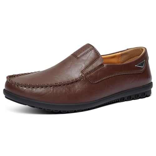 Go Tour Men's Premium Genuine Leather Casual Slip on Loafers Breathable Driving Shoes Fashion Slipper A Dark Brown 9/43