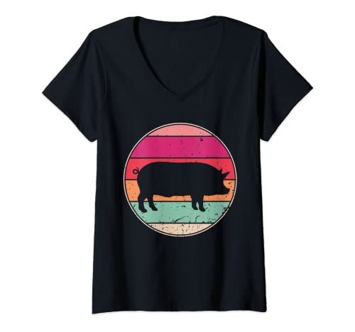 Mujer Vintage Pig Retro Cerdo Silueta Granja Animal Lover 70s 80s Camiseta Cuello V