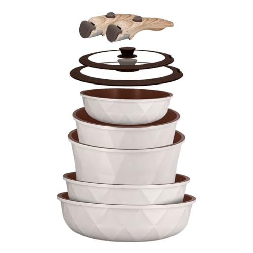 9-teiliges Pfannen- & Topfset Abnehmbarer Griff – PFAS- & PFOA-freie Antihaftbeschichtung, Topfset Induktion & Geeignet für alle Herdarten, leicht zu reinigen, Design für den täglichen Gebrauch, Beige