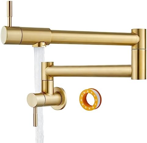 Brassqueen Faucet Folding Brushed Gold Pot Filler Faucet Stretchable Wall Mount Commercial Stainless Steel Kitchen Sink Faucet with Double Joint Swing Arm Single Hole Wall Mount Faucet Single