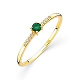 OROVI Damen Goldschmuck, Gold Ring, Solitaire Smaragd und 8 Diamanten 0.03 ct., Verlobungsring, Edelsteine, Geburtsstein, 9 Karat (375) Gelbgold