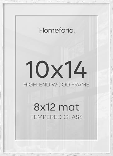Image of Homeforia White Frame 10x14 Wood, High End Oak 10x14 Picture Frames with Mat 8x12, 10 x 14 White Wooden Poster Frame Matted to 8 x 12 inch Photo, 14by10 Thin Frames, Tempered Glass, Wall Kit, Set of 1