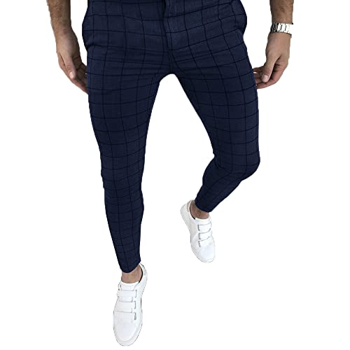 Mens Casual Plaid Jogger Pants Fashion Checked Flat Front Slim Fit Stretch Skinny Dress Pants Suit Trousers with Pocket