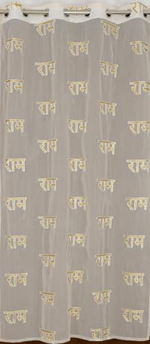 Image of KALIYO Sheer Net Curtains with Shri Ram Embroidery | Transparent Window Curtain for Living Room, Bedroom & Pooja Room | Ring Eyelet Curtain Panel | 1 Curtain | 5ft